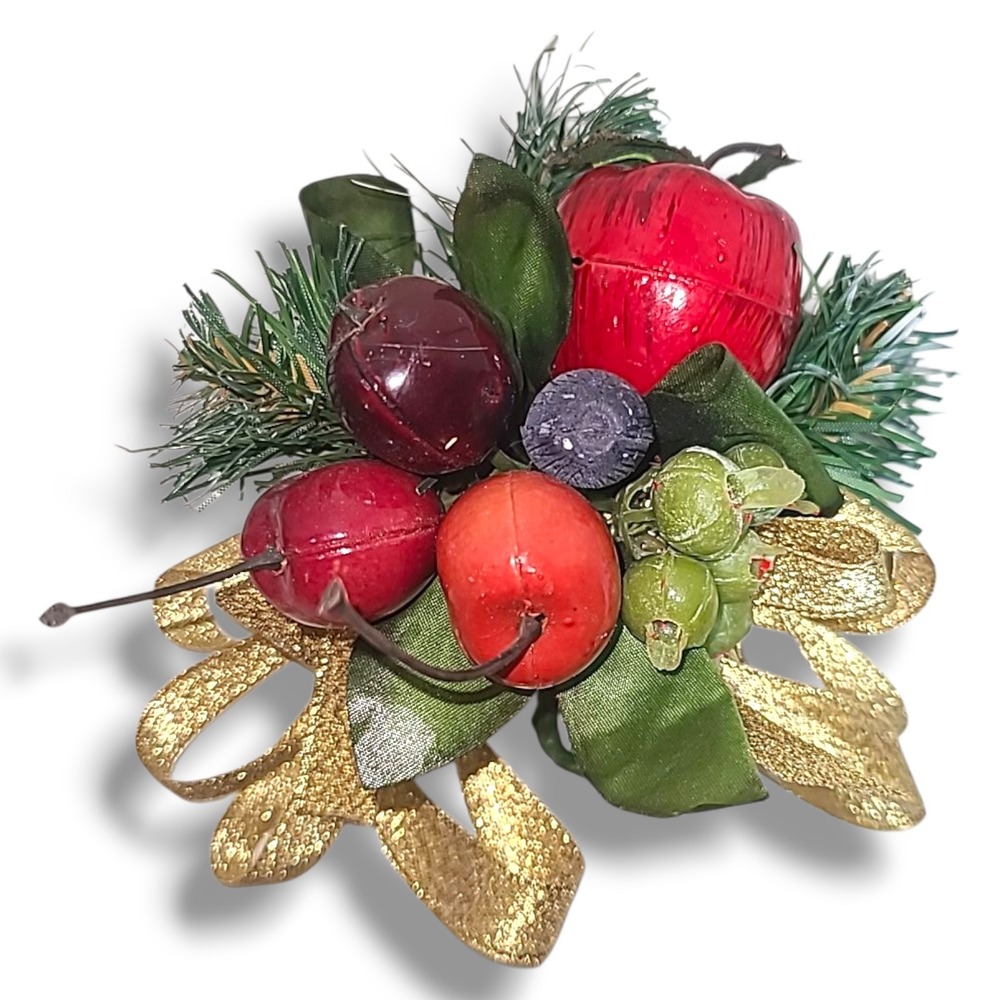 Vintage Christmas Corsage Fruit Apple Berry Pine Gold Ribbon Retro Holiday‎ Pin